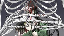 Rule 34 | 1boy, ashiya douman (fate), asymmetrical clothes, asymmetrical hair, bell, black eyes, black hair, blood, blood on face, blood on hands, curly hair, earrings, eyeshadow, fate/grand order, fate (series), fingernails, ghost, giant, green eyeshadow, green kimono, green nails, hair bell, hair between eyes, hair intakes, hair ornament, highres, holding, japanese clothes, jewelry, k:a (mnkamn), kimono, long hair, looking at viewer, magatama, magatama earrings, makeup, male focus, monster, multicolored hair, nail polish, onmyouji, open clothes, open kimono, red pupils, ribbed sleeves, sharp fingernails, skeleton, skull, solo focus, split-color hair, two-tone hair, upper body, very long fingernails, very long hair, white hair