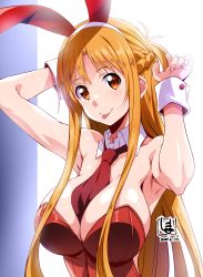 Rule 34 | 1girl, :o, absurdres, animal ears, asuna (sao), bare shoulders, between breasts, breasts, cleavage, commentary request, dated, detached collar, fake animal ears, fingernails, hands up, highres, island (kossori), large breasts, leotard, long hair, necktie, necktie between breasts, orange eyes, orange hair, playboy bunny, rabbit ears, red necktie, solo, sword art online, upper body