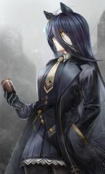 Rule 34 | 1girl, ahoge, animal ears, black coat, black gloves, black hair, black legwear, black shirt, black skirt, can, canned coffee, closed mouth, coat, cowboy shot, drink can, earrings, gloves, hand in own hair, highres, holding, holding can, horse ears, horse girl, horse tail, jewelry, long hair, looking afar, manhattan cafe (umamusume), necktie, nihudau, pleated skirt, shirt, sideways mouth, single earring, skirt, solo, standing, tail, umamusume, yellow eyes, yellow necktie