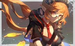 Rule 34 | 1girl, another eden, black gloves, black hairband, black shirt, breasts, glasses, gloves, grey background, hair between eyes, hairband, highres, long hair, looking at viewer, low twintails, medium breasts, necktie, official alternate costume, orange hair, parted lips, pointy ears, red eyes, red necktie, ruina (another eden), shirt, short sleeves, solo, twintails, upper body, user vyxc7227