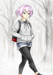 Rule 34 | 1girl, backpack, bag, black pantyhose, blue eyes, commentary request, denim, denim shorts, drawstring, feet out of frame, forest, grey shorts, grey sweater, hood, hooded sweater, hoodie, kantai collection, kudou (ooabareteng), nature, official alternate costume, pantyhose, pink hair, ponytail, shiranui (kancolle), short hair, shorts, solo, sweater, walking