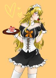 Rule 34 | 1girl, alternate costume, bare shoulders, blonde hair, breasts, cake, cleavage, food, fruit, large breasts, long hair, looking at viewer, maid, purple eyes, rwby, simple background, solo, strawberry, yang xiao long