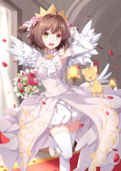 Rule 34 | 1990s (style), 1girl, :d, ahoge, bouquet, brown hair, cardcaptor sakura, crescent, crown, curtains, door, dress, ello, feathered wings, flower, gloves, green eyes, hair flower, hair ornament, highres, indoors, kero (cardcaptor sakura), kinomoto sakura, lamp, leg up, open mouth, petals, retro artstyle, rose, short hair, sleeveless, smile, solo focus, star (symbol), thighhighs, two side up, white dress, white footwear, white gloves, white thighhighs, white wings, wings