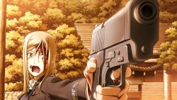 Rule 34 | 1girl, artist check, beretta 92, blonde hair, blood, blood on face, blood on hands, brown eyes, finger on trigger, game cg, gun, hair over face, handgun, higurashi no naku koro ni, holding, holding gun, holding weapon, long hair, looking at viewer, military, military uniform, official art, open mouth, outstretched hand, pistol, rato, shrine, solo, spoilers, sunset, surprised, sweatdrop, takano miyo, tree, uniform, weapon