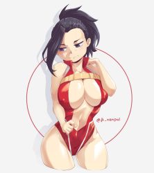 Rule 34 | 1girl, artist name, black eyes, black hair, bodysuit, boku no hero academia, breasts, center opening, cleavage, closed mouth, embarrassed, grey background, hair pulled back, hand on own shoulder, instagram username, jk arts, large breasts, looking down, midriff, navel, ponytail, simple background, solo, standing, superhero costume, thighs, yaoyorozu momo