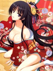 Rule 34 | 1girl, absurdres, bare shoulders, black hair, breasts, cleavage, collarbone, downblouse, february, floral print, hexagon, highres, january, japanese clothes, kimono, long hair, new year, off shoulder, shippou (pattern), sitting, solo, tomose shunsaku, very long hair, wariza