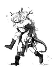 Rule 34 | 2girls, alina (arknights), animal ears, antlers, arknights, boots, carrying, closed eyes, commentary, deer antlers, deer ears, deer girl, dragon girl, dragon horns, dragon tail, dress, english commentary, flying sweatdrops, greyscale, hair intakes, highres, horns, military, military uniform, monochrome, multiple girls, open mouth, piggyback, silverxp, simple background, socks, tail, talulah (arknights), talulah the fighter (arknights), twitter username, uniform, walking