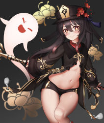 Rule 34 | 1girl, absurdres, belly, black hat, black shorts, blush, breasts, brown hair, closed eyes, fang, flower, genshin impact, ghost, hair between eyes, hat, highres, hip bones, holding, holding polearm, holding weapon, hu tao (genshin impact), jewelry, long sleeves, looking at viewer, navel, neowise, no bra, open clothes, open mouth, plum blossoms, polearm, red eyes, ring, short shorts, shorts, small breasts, solo, star-shaped pupils, star (symbol), stomach, symbol-shaped pupils, thighs, twintails, weapon, wide sleeves