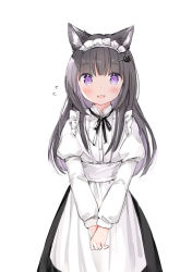Rule 34 | 1girl, alternate hair length, alternate hairstyle, animal ear fluff, animal ears, apron, black hair, black skirt, blush, cat ears, cat hair ornament, commentary request, flying sweatdrops, hair ornament, hairclip, juliet sleeves, komugi (wataame27), long hair, long sleeves, looking at viewer, maid headdress, multicolored hair, open mouth, original, puffy sleeves, purple eyes, purple hair, shirt, simple background, skirt, solo, two-tone hair, v arms, very long hair, waist apron, wataame27, white apron, white background, white shirt