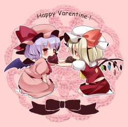 Rule 34 | 2girls, ascot, bad id, bad pixiv id, bat wings, blonde hair, candy, chocolate, chocolate heart, dress, english text, engrish text, female focus, flandre scarlet, food, happy valentine, hat, heart, irori, light purple hair, midriff, multiple girls, ranguage, red eyes, remilia scarlet, short hair, siblings, side ponytail, sisters, sitting, skirt, touhou, valentine, wariza, wings