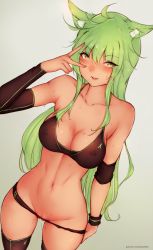 Rule 34 | 1girl, animal ear fluff, animal ears, black bra, black panties, black thighhighs, bluefield, blush, bra, breasts, censored, cleft of venus, collarbone, covered erect nipples, cowboy shot, detached sleeves, dutch angle, fox ears, fox girl, green eyes, green hair, grey background, hair between eyes, highres, large breasts, long hair, looking at viewer, messy hair, navel, nose blush, open mouth, original, panties, panty pull, pussy, pussy juice, smile, solo, stomach, sweat, thighhighs, underwear, v over eye, very long hair