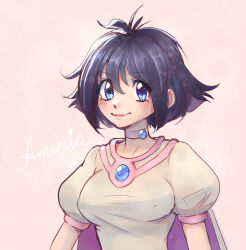 Rule 34 | 1girl, amelia wil tesla seyruun, black hair, blue eyes, blush, breasts, brown cape, cape, character name, choker, hair behind ear, heart, impossible clothes, medium breasts, melissatea, pink background, pink choker, portrait, puffy short sleeves, puffy sleeves, short hair, short sleeves, slayers, smile, solo, star (symbol), upper body