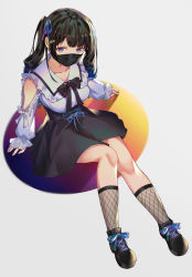 Rule 34 | 1girl, absurdres, black bow, black footwear, black hair, blue ribbon, bow, breasts, collarbone, collared shirt, commentary request, fishnet socks, fishnets, frilled shirt collar, frills, full body, grey background, hair ornament, hair ribbon, highres, knee up, long hair, long sleeves, looking at viewer, mask, medium breasts, mouth mask, nijisanji, puffy long sleeves, puffy sleeves, ribbon, shirt, shoes, sitting, sleeves past wrists, socks, solo, tsukino mito, tsukino mito (14th costume), twintails, virtual youtuber, wang man, white shirt