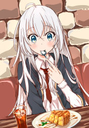 Rule 34 | 1girl, ahoge, apple pie, black coat, black tea, blue eyes, blush, brick wall, c4 art, closed mouth, coat, collared shirt, commentary request, crossed bangs, eating, flat chest, food, hair between eyes, highres, holding, holding spoon, ice, ice cube, iced tea, long hair, long sleeves, necktie, open clothes, open coat, original, plate, red necktie, shirt, solo, spoon, tea, upper body, white hair, white shirt