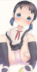 Rule 34 | 1girl, black hair, black socks, black skirt, blouse, blush, brown background, clothes lift, collared shirt, commentary request, dress shirt, forehead, head tilt, kneehighs, knees up, looking at viewer, low twintails, neck ribbon, original, panties, parted lips, pink panties, polka dot, polka dot panties, pu-en, red ribbon, ribbon, shirt, shoes, skirt, skirt lift, socks, solo, suspender skirt, suspenders, twintails, underwear, uwabaki, white footwear, white shirt