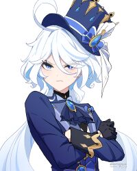 Rule 34 | &gt;:(, 1girl, absurdres, ahoge, ascot, asiri senpai, black gloves, blue ascot, blue eyes, blue hat, blue jacket, brooch, commentary, crossed arms, english commentary, furina (genshin impact), genshin impact, gloves, hat, highres, jacket, jewelry, long hair, long sleeves, simple background, solo, top hat, upper body, v-shaped eyebrows, very long hair, white background, white hair