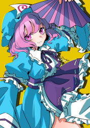 Rule 34 | 1girl, :3, absurdres, black neck ribbon, black ribbon, blue hat, blue kimono, breasts, closed mouth, commentary request, feet out of frame, folding fan, frilled kimono, frilled sleeves, frills, hand fan, hat, highres, holding, holding fan, japanese clothes, kimono, long sleeves, looking at viewer, medium breasts, mob cap, myuga66666, neck ribbon, one-hour drawing challenge, pink eyes, pink hair, ribbon, saigyouji yuyuko, short hair, signature, simple background, smile, solo, touhou, triangular headpiece, wavy hair, wide sleeves, yellow background