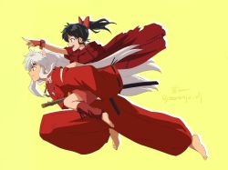 Rule 34 | 1boy, 1girl, animal ears, barefoot, black hair, bow, carrying, dog ears, father and daughter, full body, hair bow, han&#039;you no yashahime, highres, inuyasha, inuyasha (character), japanese clothes, jewelry, kimono, long hair, moroha (inuyasha), necklace, oooranje nlj, open mouth, piggyback, pointing, red bow, red kimono, sheath, sheathed, sword, twitter username, weapon, white hair, yellow background
