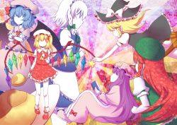 Rule 34 | 6+girls, ascot, bad id, bad pixiv id, bat wings, blonde hair, blue hair, book, bow, braid, broom, capelet, crescent, crossed arms, crystal, faceless, faceless female, female focus, flandre scarlet, food, frilled legwear, frills, hair bow, hat, hat bow, hong meiling, izayoi sakuya, kirisame marisa, long hair, long skirt, long sleeves, miniskirt, multiple girls, patchouli knowledge, pudding, puffy sleeves, purple hair, red hair, remilia scarlet, short hair, short sleeves, side braid, side ponytail, silver hair, single braid, sitting, skirt, skirt set, socks, spoon, star (symbol), touhou, very long hair, wings, witch hat, wrist cuffs, zinczinc ka