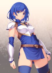 Rule 34 | 1girl, armor, ass, blue eyes, blue hair, boots, breasts, brown footwear, catria (fire emblem), covered navel, detached sleeves, fire emblem, fire emblem: mystery of the emblem, fire emblem: shadow dragon and the blade of light, gluteal fold, gradient background, headband, kirishima satoshi, knight, looking at viewer, medium breasts, nintendo, panties, pantyshot, pegasus knight uniform (fire emblem), short hair, side slit, sleeveless, smile, solo, thighhighs, thighhighs under boots, underwear, white background, white headband, white panties