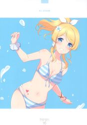 Rule 34 | 1girl, 6u (eternal land), absurdres, ayase eli, bikini, blonde hair, blue background, blue eyes, blue theme, blush, breasts, character name, grin, halterneck, heart, heart tattoo, highres, layered bikini, long hair, looking at viewer, love live!, love live! school idol festival, love live! school idol project, medium breasts, ponytail, simple background, smile, solo, splashing, string bikini, striped bikini, striped clothes, swimsuit, tattoo