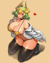 Rule 34 | 1girl, absurdres, animal print, beige background, bikini, black footwear, black thighhighs, blonde hair, breasts, brown collar, collar, collarbone, commission, fire emblem, fire emblem heroes, full body, green hair, gurimjang, heart, highres, horns, kneeling, laegjarn (fire emblem), large breasts, leopard print, lips, long sleeves, looking at viewer, multicolored hair, nintendo, pixiv commission, print bikini, red eyes, revealing clothes, shadow, shirt, shoes, short hair, smile, solo, swimsuit, thighhighs, thighs, two-tone hair, white shirt, yellow bikini
