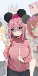 Rule 34 | 3girls, @ @, aqua eyes, blonde hair, blurry, blurry background, blurry foreground, blush, bocchi the rock!, bow, breasts, cellphone, closed eyes, cube hair ornament, disneyland, gotoh hitori, grey skirt, hair between eyes, hair bow, hair ornament, highres, ijichi nijika, jacket, kita ikuyo, large breasts, long hair, long sleeves, mickey mouse ears, multiple girls, one side up, open mouth, phone, pink bow, pink hair, pink jacket, red hair, rouka (akatyann), shaded face, skirt, smartphone, smile, sweat, track jacket, v