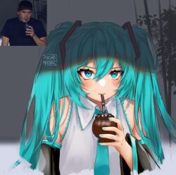 Rule 34 | 1boy, 1girl, bare shoulders, black hat, black sleeves, blue eyes, blue hair, blue nails, blue necktie, blue shirt, collared shirt, detached sleeves, drinking, fingernails, grey hair, hat, hatsune miku, highres, holding mate, juan roman riquelme, long hair, long sleeves, mate, nail polish, necktie, photo-referenced, pucha madre, real life, serious, shirt, short sleeves, solo, very long hair, vocaloid, wide sleeves