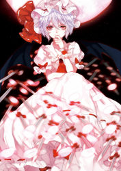Rule 34 | 1girl, ascot, bat wings, brooch, dress, full moon, hat, hat ribbon, jewelry, knife, looking at viewer, mob cap, moon, night, pink dress, puffy short sleeves, puffy sleeves, red eyes, red moon, remilia scarlet, ribbon, short sleeves, silver hair, sky, smile, solo, throwing knife, tian (my dear), touhou, wings, wrist cuffs