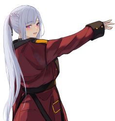 Rule 34 | 1girl, 3 small spiders, absurdres, ak-12 (girls&#039; frontline), artificial eye, braid, coat, french braid, from behind, girls&#039; frontline, griffin &amp; kryuger military uniform, hand up, highres, long hair, open mouth, ponytail, purple eyes, red coat, smile, standing, white background