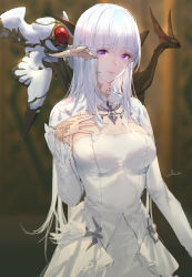Rule 34 | 1girl, au ra, warrior of light (ff14), blurry, blurry background, breasts, cleavage, closed mouth, dragon on shoulder, dress, final fantasy, final fantasy xiv, hair between eyes, highres, large breasts, long hair, long sleeves, purple eyes, shrug (clothing), signature, silver hair, solo, straight hair, strapless, strapless dress, swd3e2, white dress