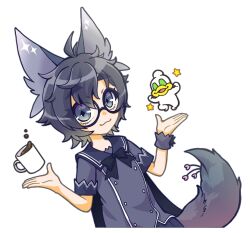 Rule 34 | 2boys, :3, animal ears, bkub (vtuber), black-framed eyewear, black bow, blue eyes, blue hair, blue shirt, blue shorts, blue tail, bow, bowtie, coffee, coffee mug, commentary request, cup, dual persona, duckman, floating, floating object, glasses, green eyes, grey hair, indie virtual youtuber, kanako 123, male focus, mug, multicolored hair, multiple boys, no pupils, open mouth, original, round eyewear, school uniform, shirt, shorts, simple background, single wrist cuff, smile, star (symbol), virtual youtuber, voice actor connection, white background, wrist cuffs