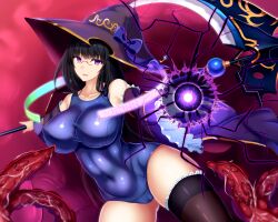Rule 34 | 1girl, absurdres, bare shoulders, black hair, blue one-piece swimsuit, blunt bangs, breasts, cameltoe, cloak, covered navel, curvy, fantasy, glasses, hat, highres, holding, holding scythe, large breasts, long hair, long sleeves, looking at viewer, magic, magic circle, nekopanch0852, old school swimsuit, one-piece swimsuit, open cloak, open clothes, original, purple eyes, school swimsuit, scythe, solo, standing, swimsuit, swimsuit under clothes, tentacles, thighhighs, thighs, wide hips, wizard, wizard hat