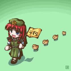 Rule 34 | 1girl, bird, braid, chibi, chick, embodiment of scarlet devil, female focus, fukaiton, green background, green hat, hat, hong meiling, lowres, red hair, solo, touhou, twin braids