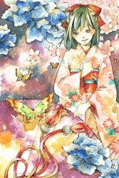 Rule 34 | 1girl, bug, butterfly, colorful, folding fan, hand fan, insect, japanese clothes, kimono, long sleeves, looking at viewer, original, painting (medium), solo, traditional media, uko (artist), watercolor (medium), yufushi