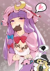 2girls absurdres blonde_hair breasts candy chocolate chocolate_heart chocolate_on_body chocolate_on_breasts food food_on_body hat heart heart-shaped_food highres kawayabug kirisame_marisa long_hair multiple_girls patchouli_knowledge pink_hat purple_hair touhou valentine very_long_hair