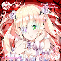 Rule 34 | bad id, bad pixiv id, blonde hair, bug, butterfly, character name, copyright name, dress, flower, green eyes, insect, kirakishou, priyaphr, rose, rozen maiden, smile, solo, text focus, wavy hair, white dress, white flower, white rose