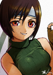 Rule 34 | 1girl, bad id, bad pixiv id, bare shoulders, breasts, brown hair, commentary, final fantasy, final fantasy vii, gloves, headband, highres, looking at viewer, masahito (yomenu), ok sign, open mouth, short hair, simple background, sleeveless, sleeveless turtleneck, smile, solo, turtleneck, yuffie kisaragi