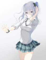 Rule 34 | 1girl, alternate costume, blue eyes, casual, commentary request, cowboy shot, flower, flower bracelet, gradient background, grey background, grey hair, hair flower, hair ornament, highres, inushi, kantai collection, kashima (kancolle), long hair, looking at viewer, plaid, plaid skirt, sidelocks, skirt, smile, solo, twintails
