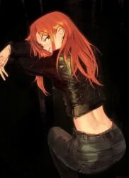 Rule 34 | 1girl, :p, alternate costume, black background, black jacket, commentary, earrings, edpan, from behind, highres, jacket, jewelry, long hair, looking at viewer, midriff, nami (one piece), one piece, orange hair, orange nails, pants, signature, simple background, solo, tongue, tongue out