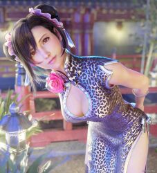 Rule 34 | 1girl, 3d, alockedheart, animal print, arms behind back, black hair, blurry, blurry background, bracelet, breasts, china dress, chinese clothes, cleavage cutout, clothing cutout, double bun, dress, final fantasy, final fantasy vii, final fantasy vii remake, flower, hair bun, hair ornament, head tilt, jewelry, large breasts, leopard print, lips, long hair, looking at viewer, official alternate costume, official alternate hairstyle, outdoors, red eyes, red flower, single sidelock, solo, square enix, swept bangs, tifa lockhart, tifa lockhart (sporty dress), twitter username