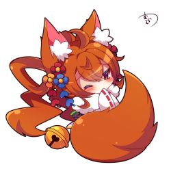 Rule 34 | 1girl, ahoge, animal ear fluff, animal ears, bell, blue flower, blush, brown eyes, brown hair, chibi, commentary request, covered mouth, flower, fox ears, fox girl, fox tail, fur collar, hair between eyes, hair flower, hair ornament, japanese clothes, jingle bell, kimono, korin (shironeko project), long hair, long sleeves, looking at viewer, muuran, one eye closed, orange flower, red flower, ribbon-trimmed sleeves, ribbon trim, shironeko project, signature, simple background, solo, tail, very long hair, white background, white kimono, wide sleeves