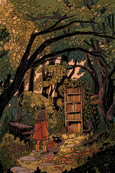 Rule 34 | 1girl, absurdres, animal, backpack, bag, book, bookshelf, brown hair, child, forest, from behind, highres, holding hands, leaf, looking at another, medium hair, mouse (animal), mushroom, nature, open mouth, original, outdoors, pointing, red raincoat, red scarf, scarf, thegorgonist, tree, tree stump, walking, whiskers, yellow footwear