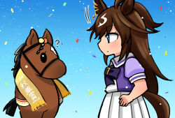 Rule 34 | 2girls, ?, absurdres, animal ears, aramori susumu, blue background, bow, bowtie, brown hair, confetti, duramente (umamusume), from side, highres, horse ears, horse girl, horse tail, horseshoe ornament, liberty island (racehorse), long hair, looking at another, multicolored hair, multiple girls, pleated skirt, puffy short sleeves, puffy sleeves, purple bow, purple bowtie, purple serafuku, purple shirt, real life, sailor collar, sailor shirt, school uniform, serafuku, shirt, short sleeves, shuka sho, skirt, streaked hair, tail, tracen school uniform, umamusume, white skirt