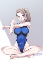 Rule 34 | 1girl, absurdres, bare shoulders, blush, breasts, brown eyes, brown hair, competition swimsuit, covered navel, dytm, full body, highleg, highleg swimsuit, highres, indian style, large breasts, long hair, one-piece swimsuit, original, plantar flexion, pool monitor part-timer (dtym), side ponytail, sitting, solo, stretching, swimsuit