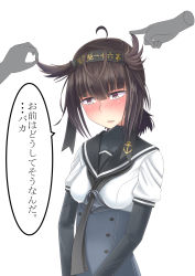 Rule 34 | 10s, 1girl, ahoge, anchor symbol, blush, bodysuit, breasts, brown eyes, brown hair, clothes writing, collarbone, commentary request, corset, elbow gloves, gloves, hachimaki, hair flaps, hair ornament, hairband, hatsuzuki (kancolle), headband, highres, kantai collection, looking down, playing with another&#039;s hair, school uniform, serafuku, short hair, short sleeves, simple background, small breasts, solo, translation request, v arms, white background, zaki (2872849)