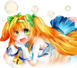 Rule 34 | 1girl, arc system works, bell, blazblue, blazblue: continuum shift, blonde hair, female focus, gloves, green eyes, hair ribbon, long hair, open mouth, platinum the trinity, ribbon, simple background, skirt, smile, solo, very long hair, white background