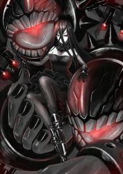 Rule 34 | 10s, 1girl, abyssal ship, bare shoulders, battleship water oni, black dress, black hair, breasts, crossed bangs, dress, firebate, gloves, hair between eyes, highres, horns, kantai collection, long hair, pantyhose, red eyes, single horn, solo, strapless, strapless dress, very long hair