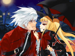 Rule 34 | 1boy, 1girl, anger vein, arc system works, bad id, bad pixiv id, blazblue, blonde hair, city, couple, dime (xfrom), dress, frills, gothic lolita, hair ribbon, hetero, lolita fashion, long hair, nago, pinky out, rachel alucard, ragna the bloodedge, red eyes, ribbon, twintails, umbrella, white hair