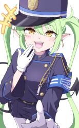 Rule 34 | +++, 1girl, belt, black belt, black hat, black jacket, black shorts, black tail, blue archive, blush, demon tail, earrings, gloves, green hair, hat, highres, jacket, jewelry, long hair, long sleeves, looking at viewer, mosuke1221, nozomi (blue archive), open mouth, pantyhose, peaked cap, pointy ears, shorts, simple background, single earring, smile, solo, tail, twintails, white background, white gloves, white pantyhose, yellow eyes